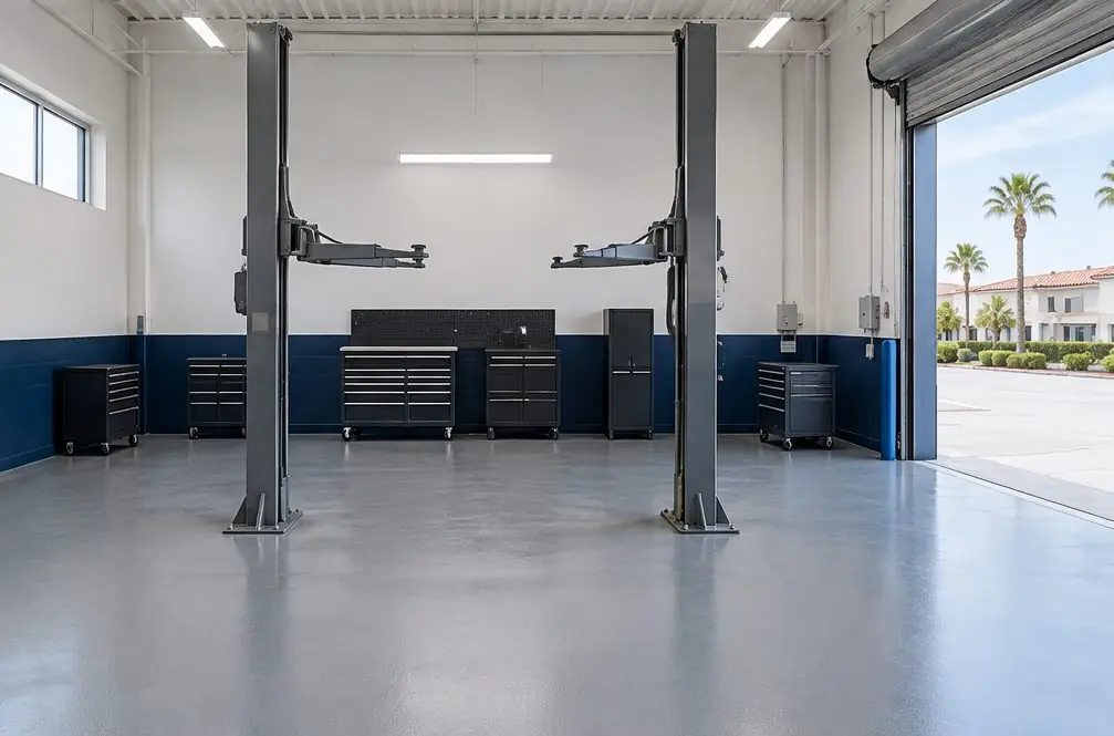 Illustration: a four-bay auto repair shop in a Carlsbad business area with a gray resinous floor, a two-post lift raised in one bay, an empty bay with fresh coating and tool chests along the back wall