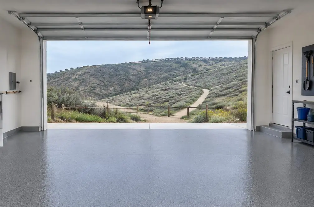 Illustration: a coated floor seen from inside, with Calavera Hills beyond the open door