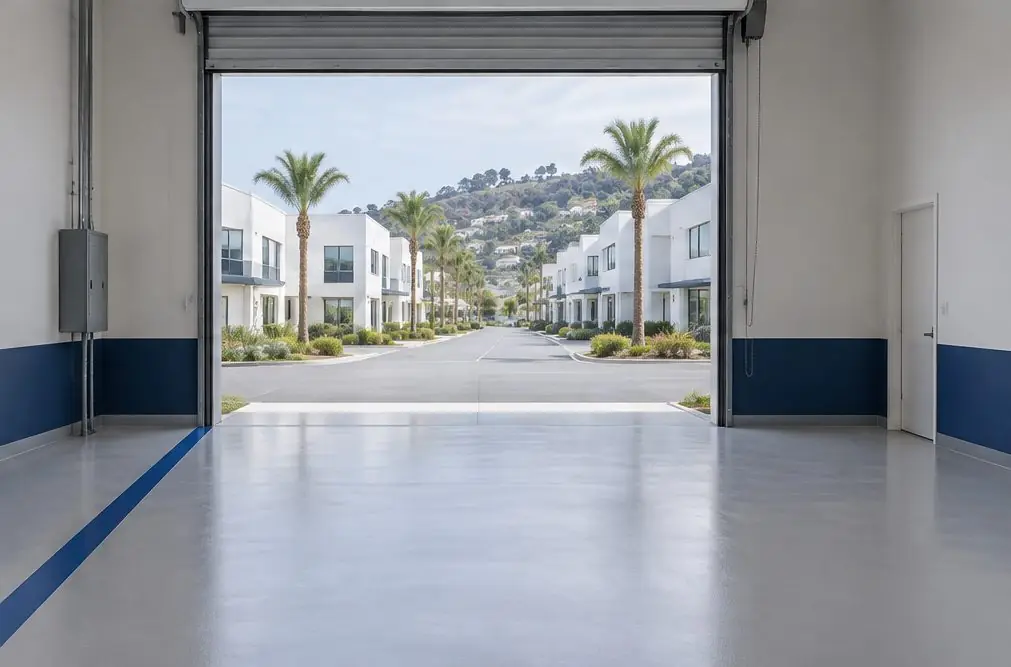 Illustration: a coated floor seen from inside, with Carlsbad Research Center beyond the open door