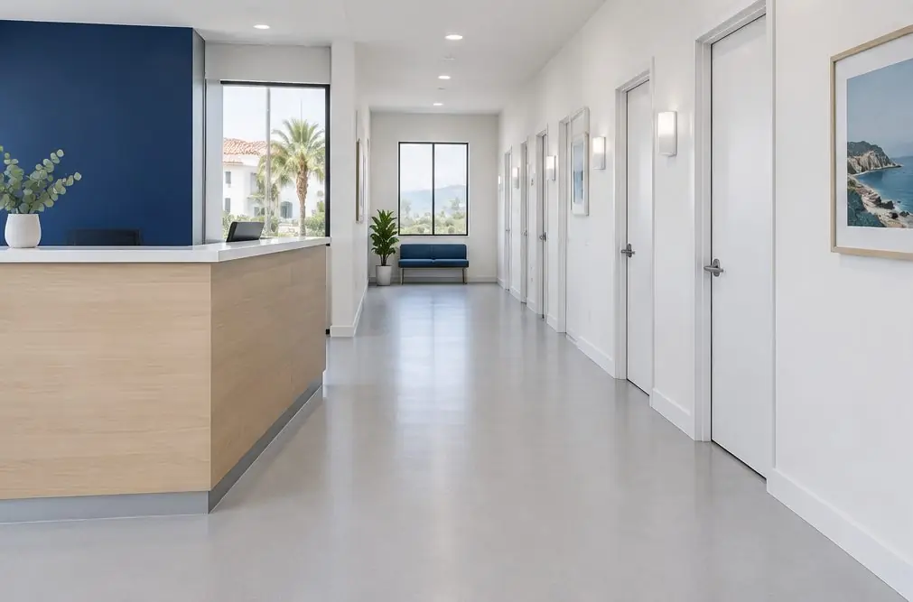 Illustration: a quiet private clinic corridor in Carlsbad with a smooth pale-gray seamless floor, a reception counter and exam room doors along the wall