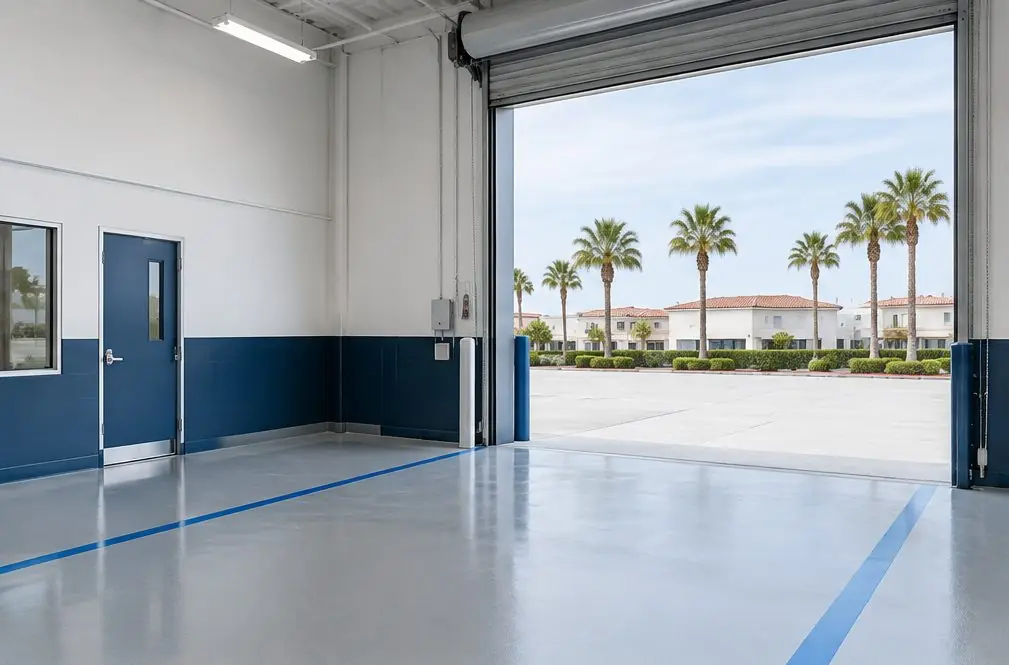 Illustration: a bright light-industrial unit in a Carlsbad business park with a smooth gray resinous floor, painted aisle lines and a roll-up door open to a loading apron