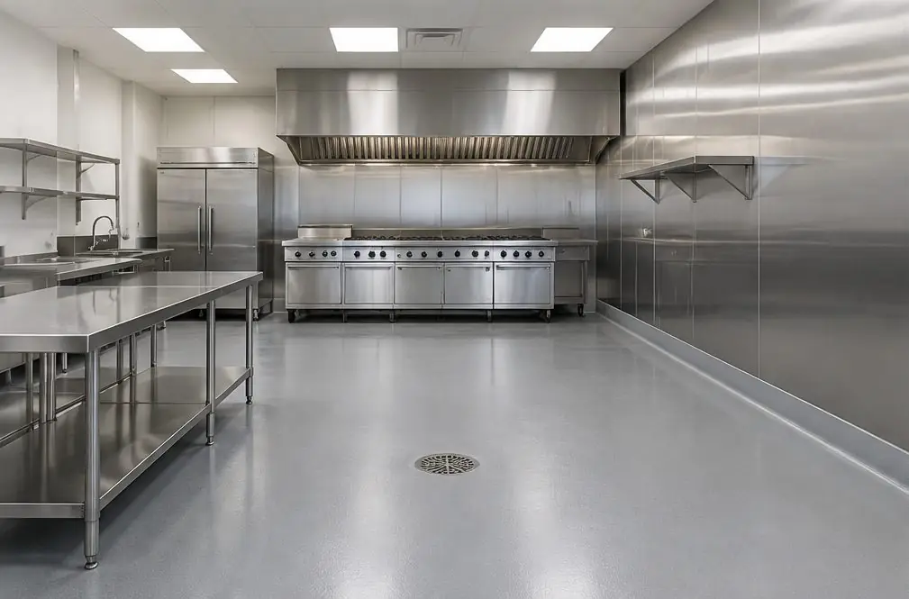 Illustration: a clean restaurant kitchen in an older Carlsbad storefront with a seamless gray floor curving up the wall as a cove base, a floor drain by the dish area and prep tables on the left