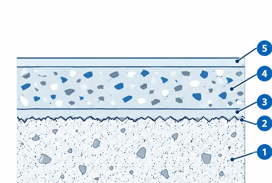 Diagram: cross-section of a flake epoxy garage floor, ground slab, primer, epoxy base coat with broadcast flakes and a clear top coat