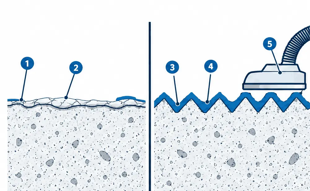 Diagram: two side-by-side magnified cross-sections of a concrete surface, on the left an acid-etched surface with a shallow uneven profile and a weak loose layer on top, on the right a diamond-ground surface with an even rough profile and a coating gripping it