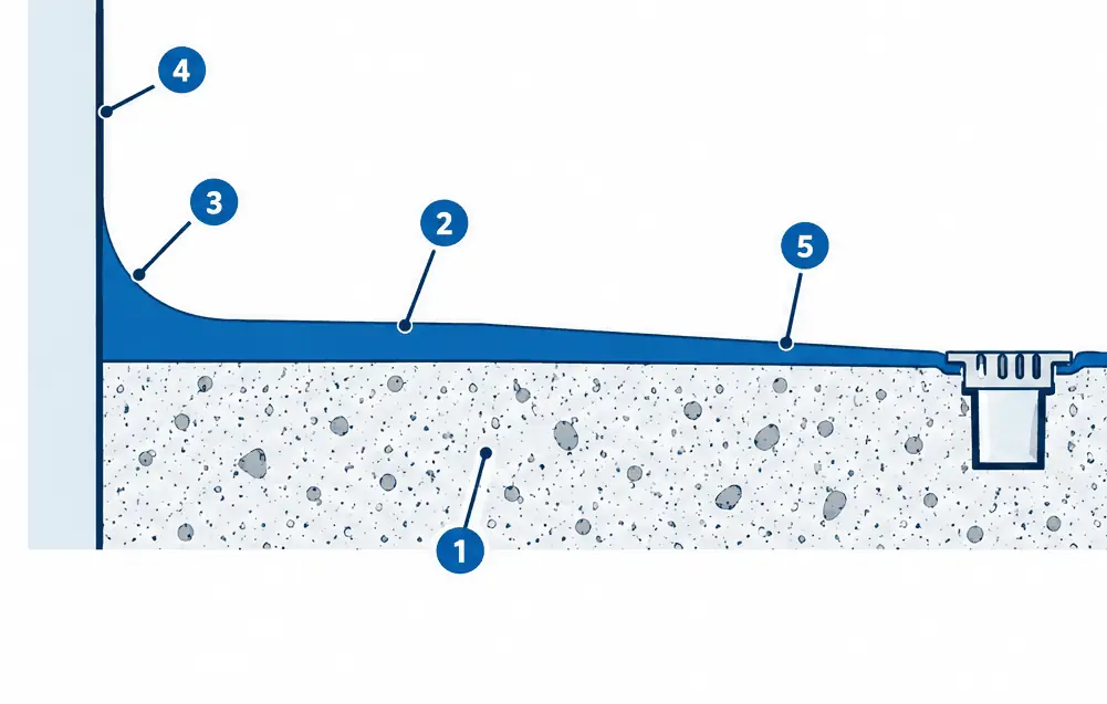 Diagram: cross-section of a commercial kitchen floor meeting a wall, a slab with a urethane cement floor layer curving up the wall as a cove base, with a floor drain sloping beside it