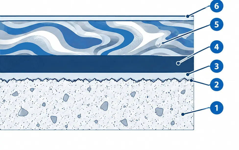 Diagram: cross-section of a metallic epoxy floor, ground slab, primer, solid base color, metallic pigment layer and a clear top coat