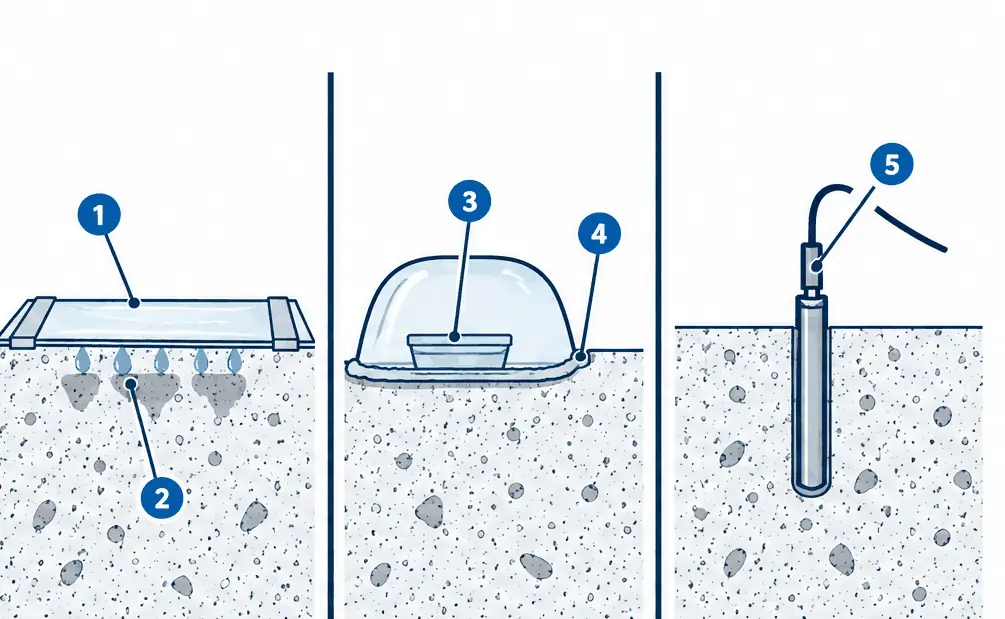 Diagram: three small cross-sections of a concrete slab side by side, a plastic sheet taped on the slab with droplets under it, a calcium chloride dish under a sealed dome, and a humidity probe in a sleeve in a drilled hole