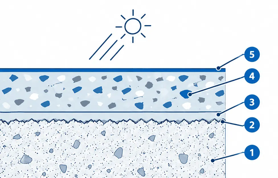 Diagram: cross-section of a polyaspartic flake garage floor, ground slab, epoxy base, flakes and a thin polyaspartic top coat