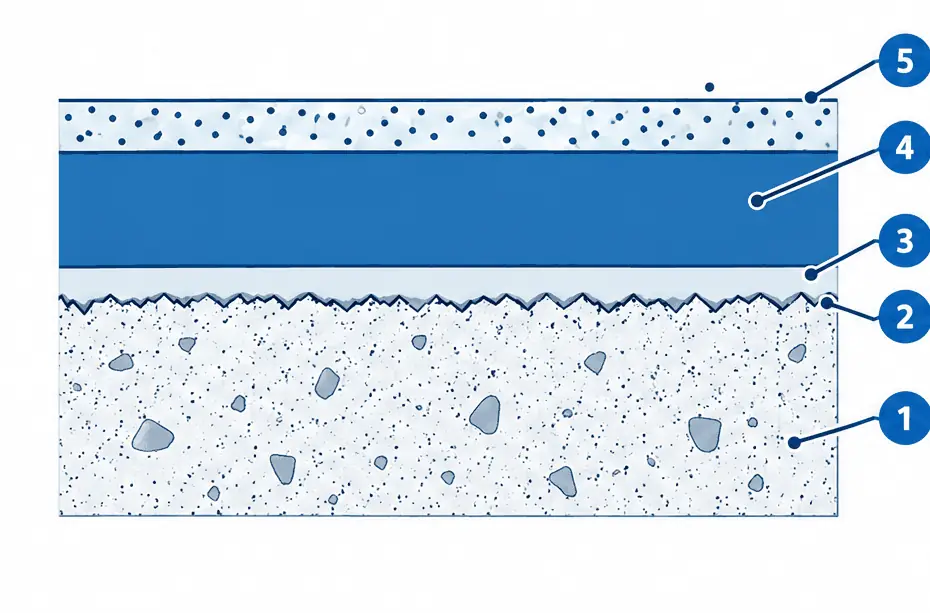 Diagram: cross-section of a solid-color epoxy floor, ground slab, primer, pigmented epoxy coat and optional grit in the top coat