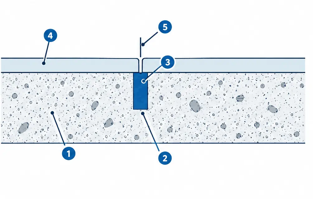 Diagram: cross-section of a warehouse slab with a saw-cut control joint filled with a flexible joint filler, an epoxy coating over the slab and a narrow cut in the coating directly above the joint