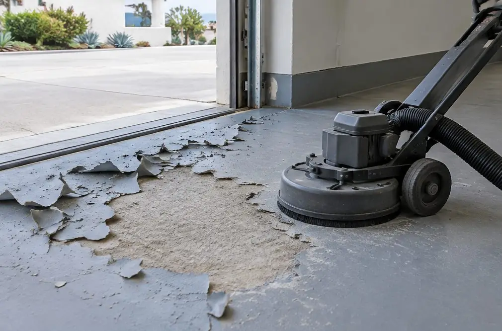 Illustration: a two-car garage in a Carlsbad neighborhood with a peeling gray coating at the door edge and a ground patch showing bare concrete, a diamond grinder with a vacuum hose resting beside it