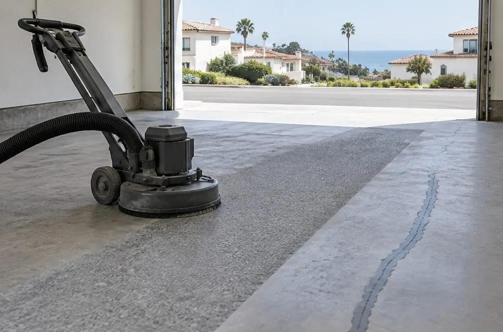 Illustration: a concrete garage slab being ground with a diamond grinder connected to a dust vacuum, a crack filled with gray repair material and a clean ground surface next to it