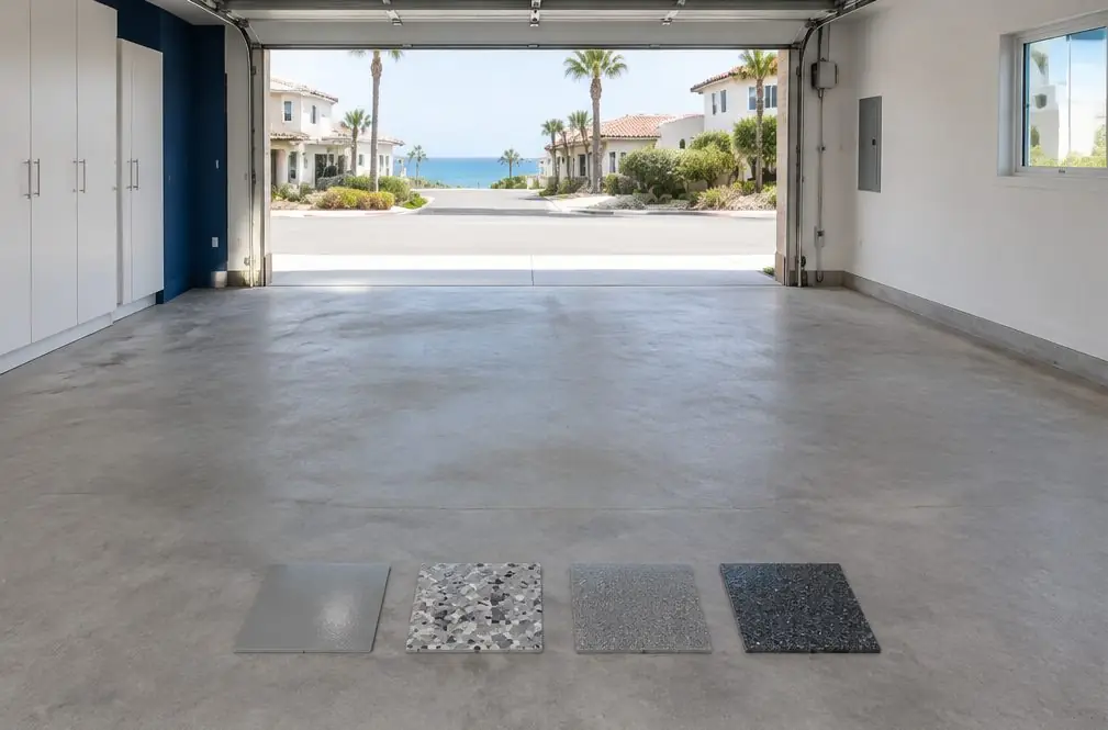Illustration: a bare ground concrete garage slab with four small test squares of different coatings laid out in a row