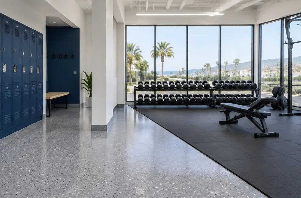 Illustration: a bright Carlsbad fitness studio with a textured gray flake epoxy floor in the locker room entry, rubber mats along a free-weight wall and floor-to-ceiling windows