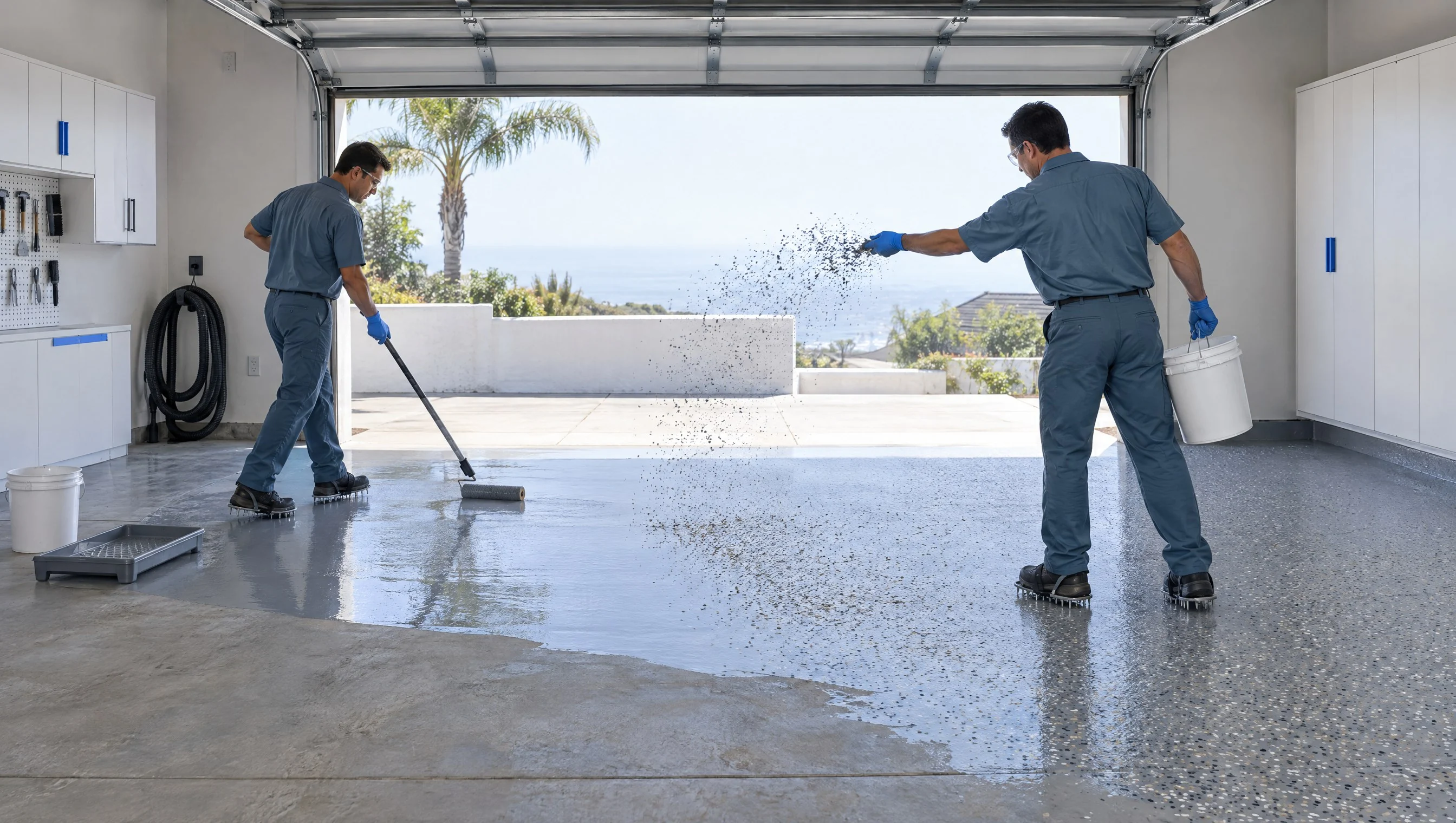 Illustration: two coating installers in matching muted teal-blue work uniforms and clean spiked shoes in a bright two-car Carlsbad garage with the door open to daylight, one rolling a base coat while the other broadcasts color flakes by hand; no car in the garage (AI-generated)