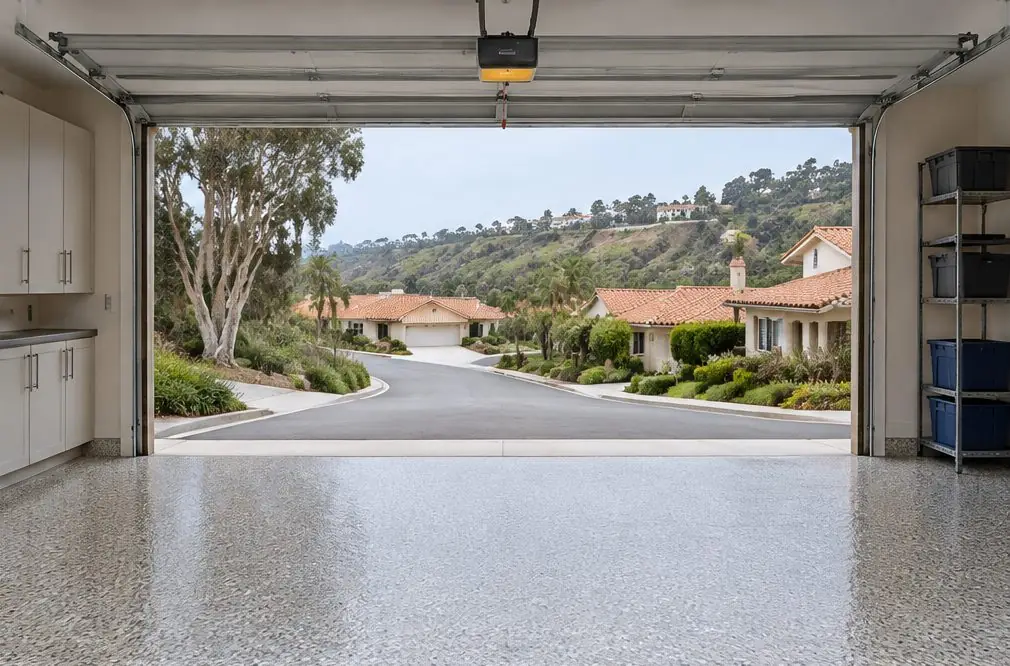 Illustration: a coated floor seen from inside, with La Costa beyond the open door