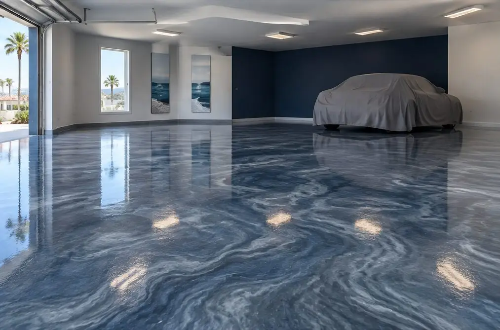 Illustration: a Carlsbad garage showroom with a deep blue-gray metallic epoxy floor in swirling marble patterns, a covered sports car shape in the corner and soft overhead lights