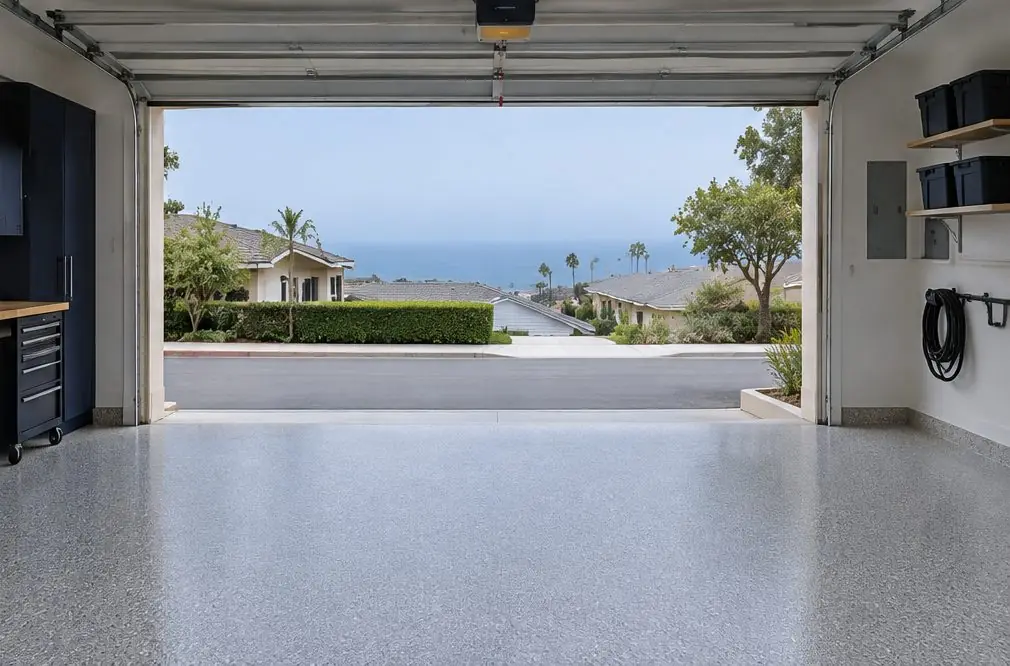Illustration: a coated floor seen from inside, with Poinsettia beyond the open door