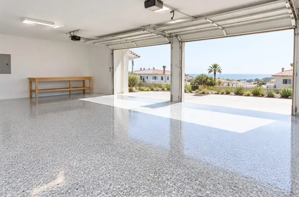 Illustration: a bright three-car garage in a hillside Carlsbad home with a glossy tan and gray flake floor, white cabinets along the back wall and the open door facing afternoon light