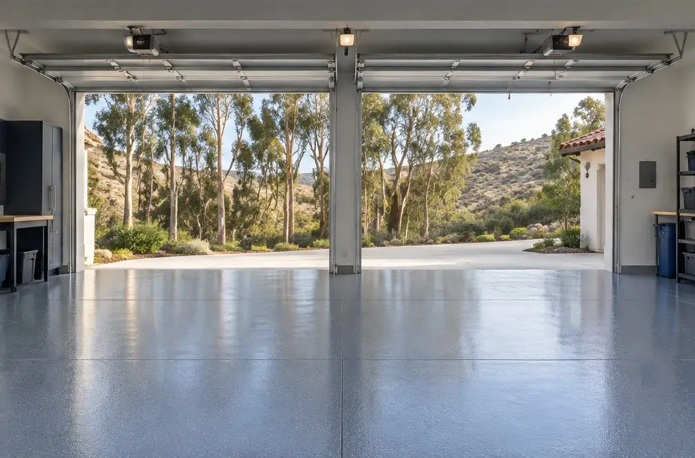 Illustration: a coated floor seen from inside, with Rancho Carrillo beyond the open door
