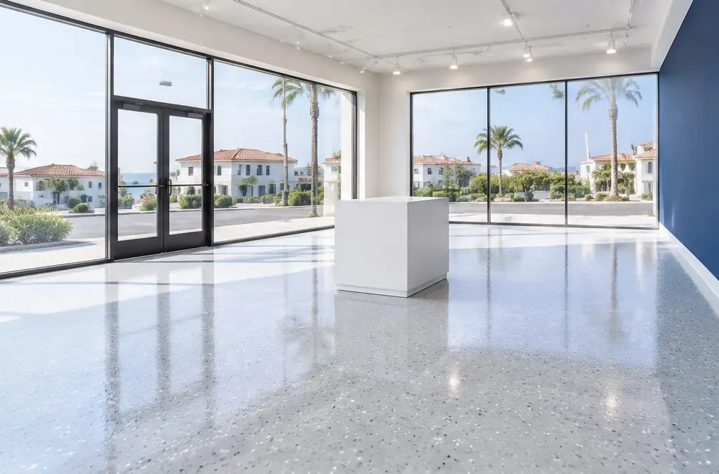 Illustration: a bright Carlsbad showroom with a glossy speckled flake epoxy floor, a display plinth and large windows with afternoon light