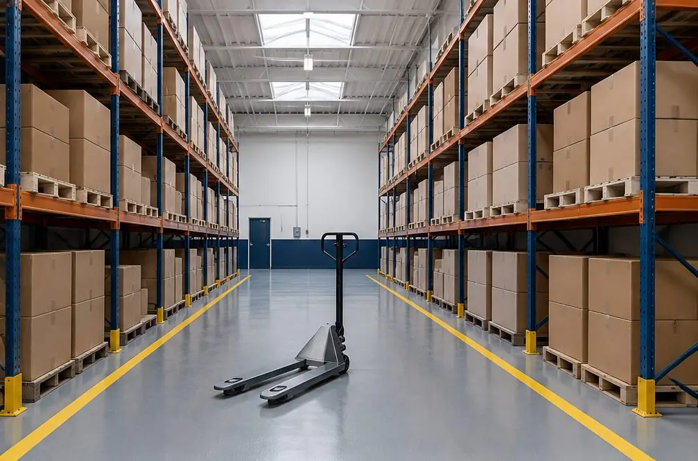 Illustration: a warehouse aisle in a Carlsbad business park with a smooth gray resinous floor, yellow painted aisle stripes, tall racking on both sides and a pallet jack parked near the roll-up door